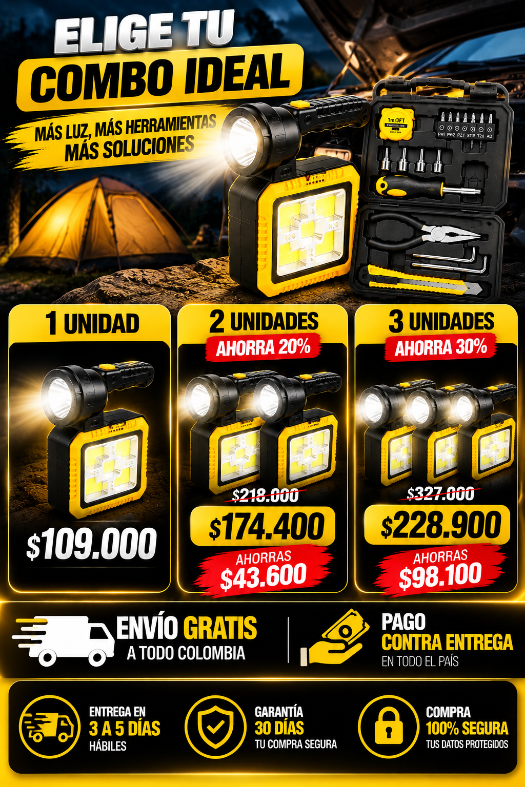 Lampara solar + herramientas ; Energía, iluminación y practicidad donde las necesites.