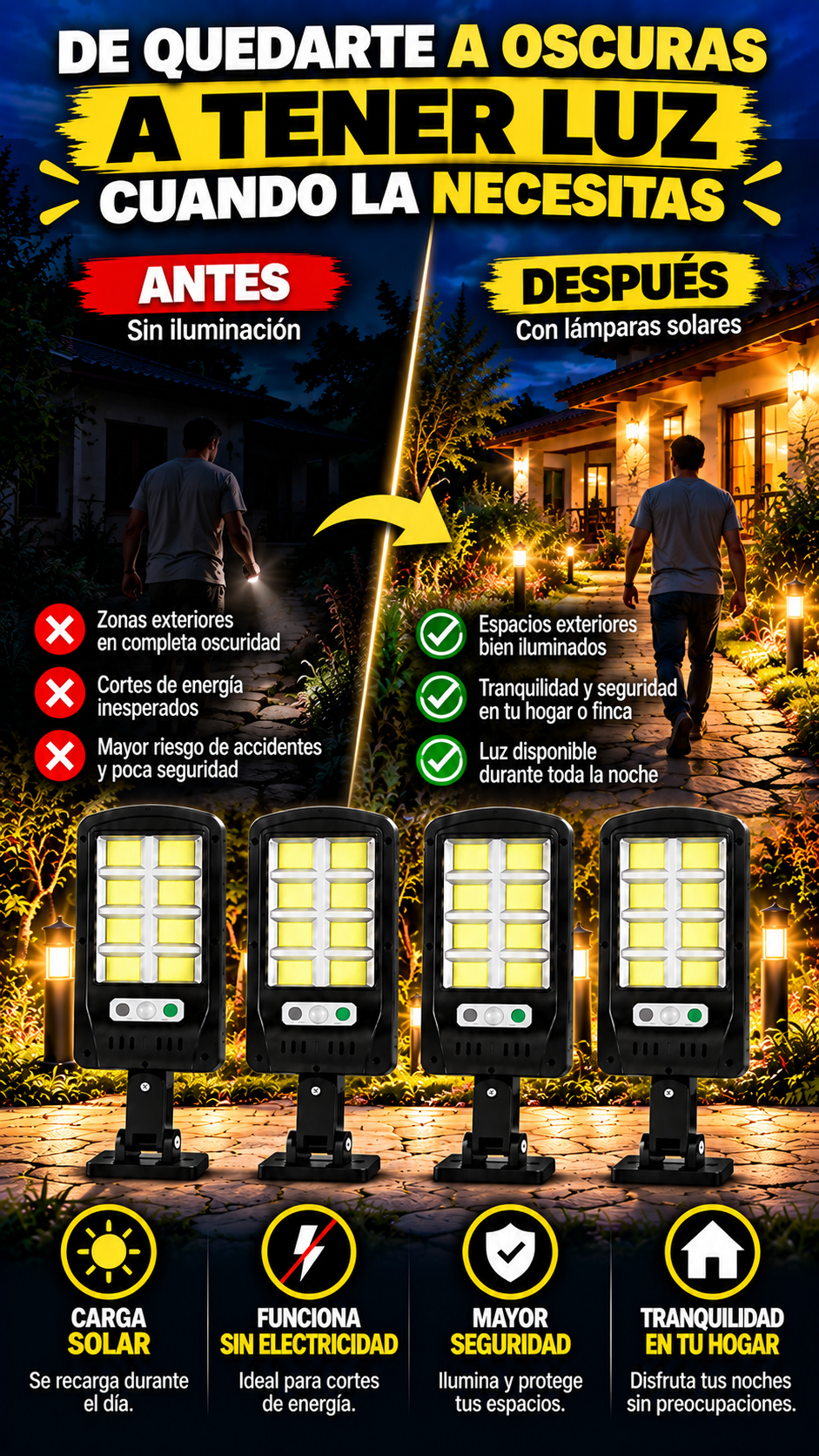COMBO LAMPARA SOLAR ((PAGA 2 LLEVA 4)). MÁS LUZ, MÁS SEGURIDAD Y MENOS DEPENDENCIA DE LA RED.