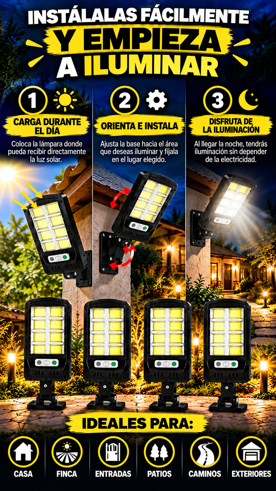 COMBO LAMPARA SOLAR ((PAGA 2 LLEVA 4)). MÁS LUZ, MÁS SEGURIDAD Y MENOS DEPENDENCIA DE LA RED.