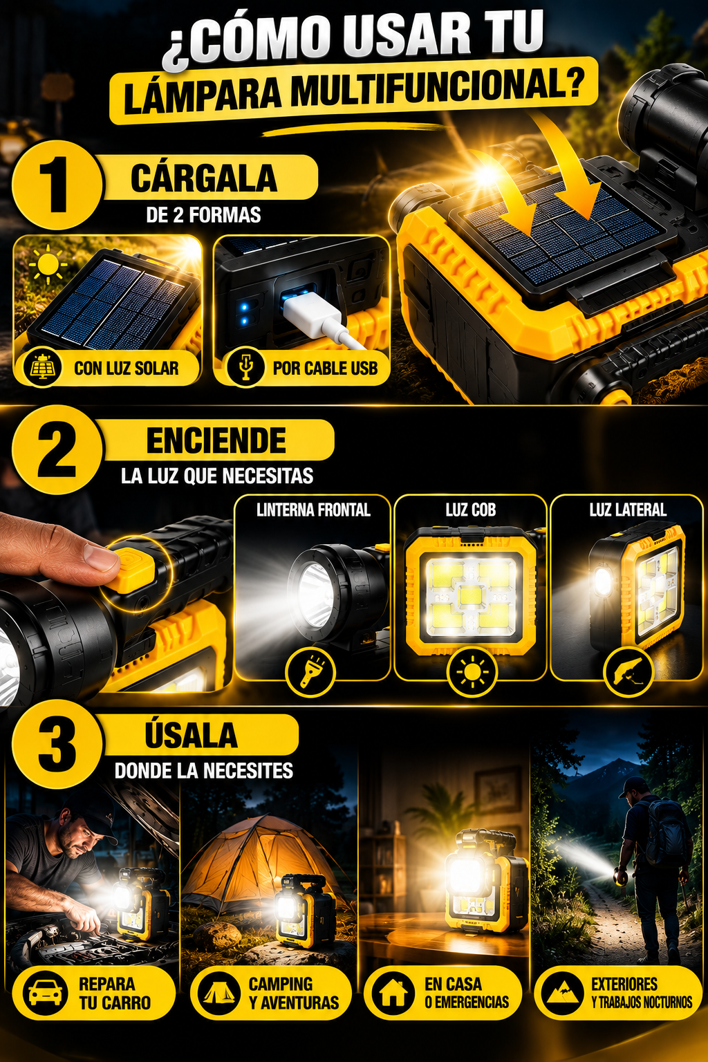 Lampara solar + herramientas ; Energía, iluminación y practicidad donde las necesites.