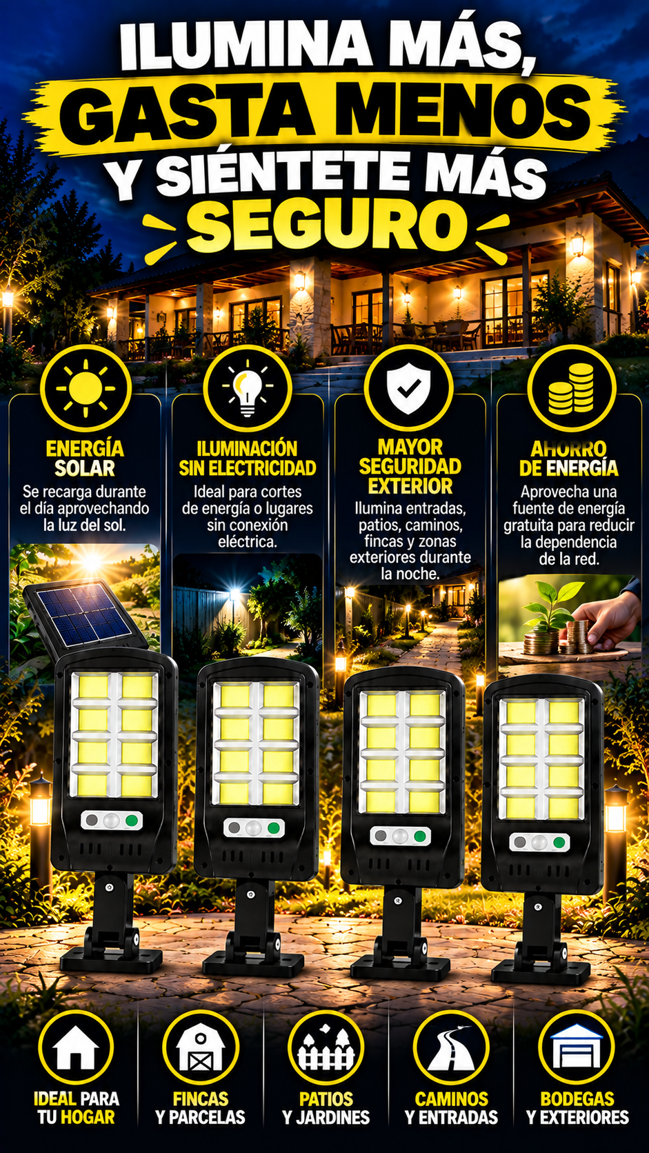 COMBO LAMPARA SOLAR ((PAGA 2 LLEVA 4)). MÁS LUZ, MÁS SEGURIDAD Y MENOS DEPENDENCIA DE LA RED.