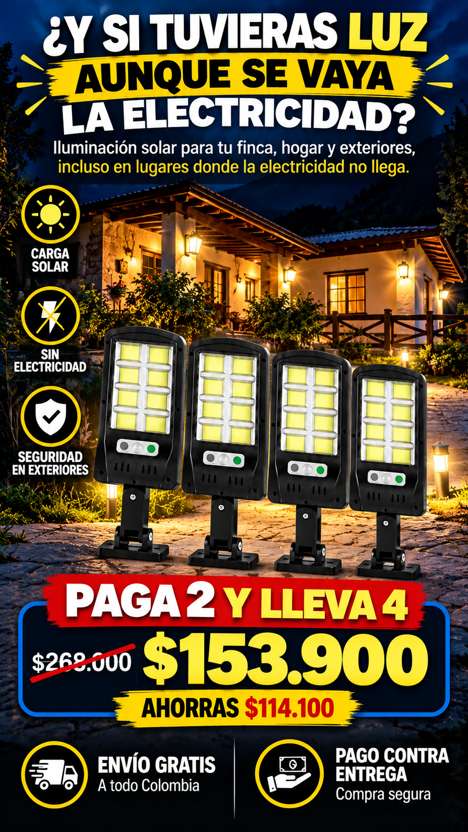 COMBO LAMPARA SOLAR ((PAGA 2 LLEVA 4)). MÁS LUZ, MÁS SEGURIDAD Y MENOS DEPENDENCIA DE LA RED.