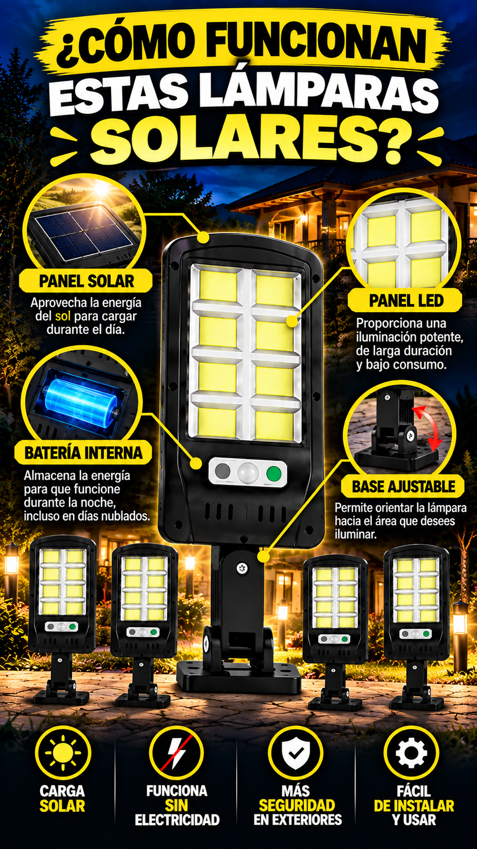 COMBO LAMPARA SOLAR ((PAGA 2 LLEVA 4)). MÁS LUZ, MÁS SEGURIDAD Y MENOS DEPENDENCIA DE LA RED.