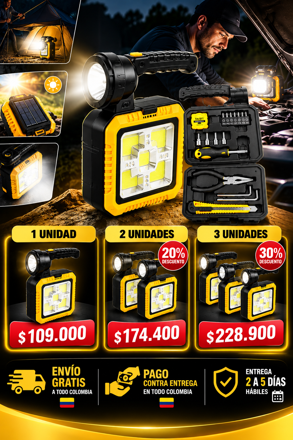 Lampara solar + herramientas ; Energía, iluminación y practicidad donde las necesites.