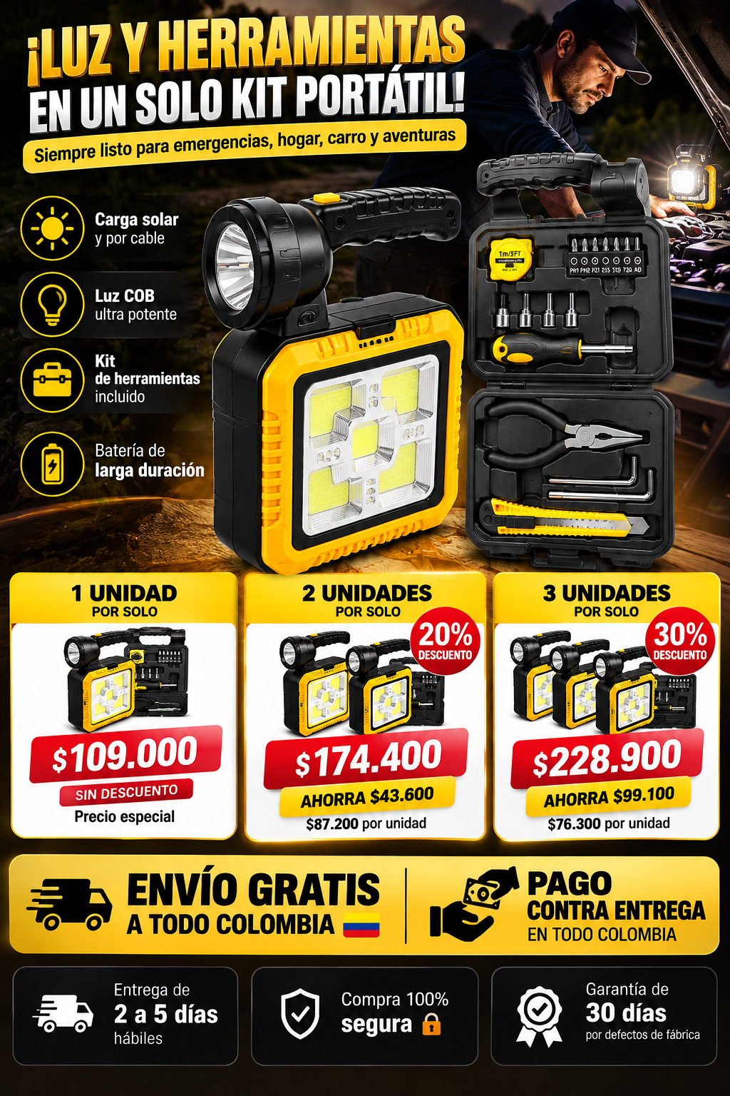 Lampara solar + herramientas ; Energía, iluminación y practicidad donde las necesites.
