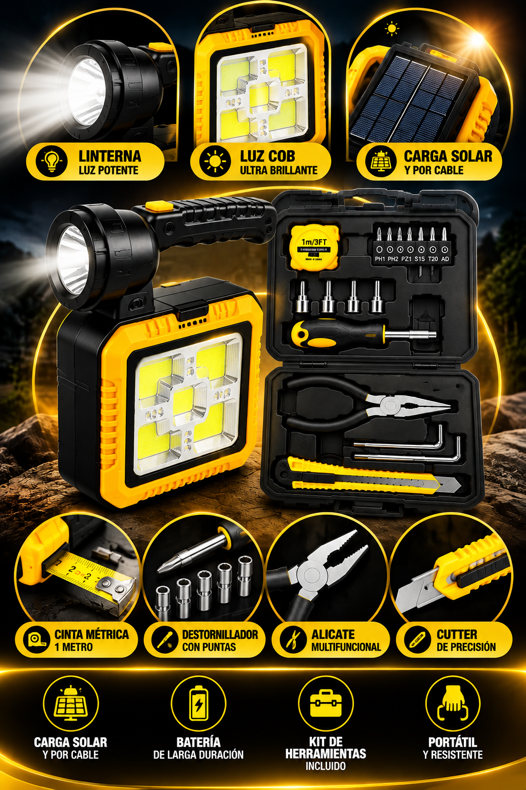 Lampara solar + herramientas ; Energía, iluminación y practicidad donde las necesites.