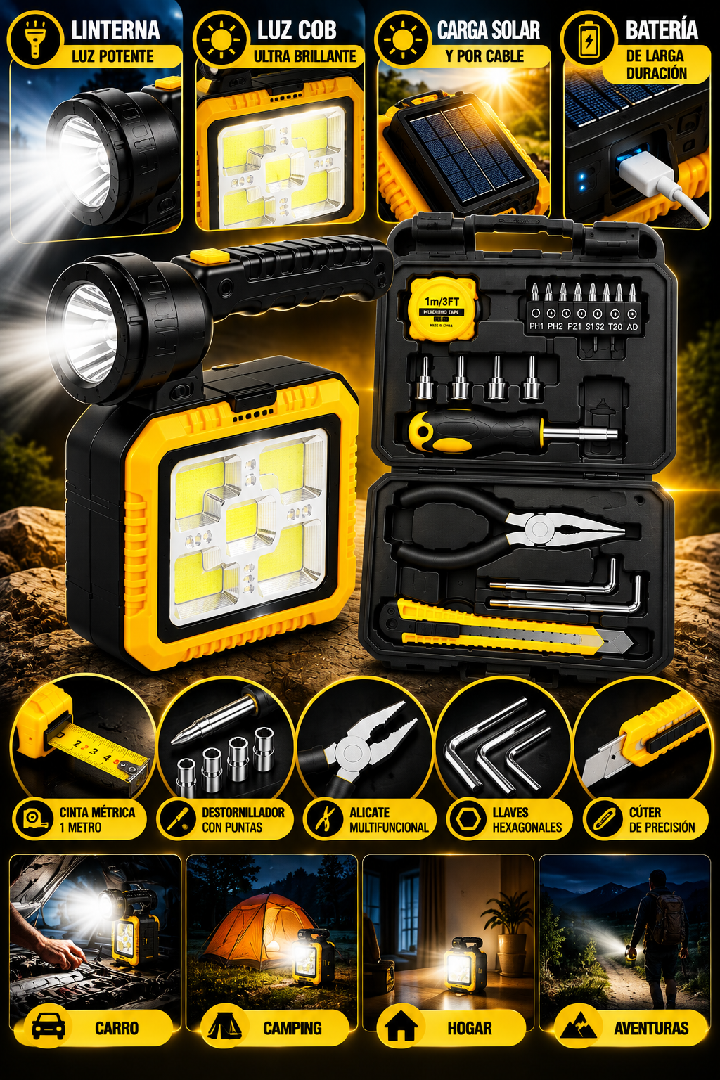 Lampara solar + herramientas ; Energía, iluminación y practicidad donde las necesites.