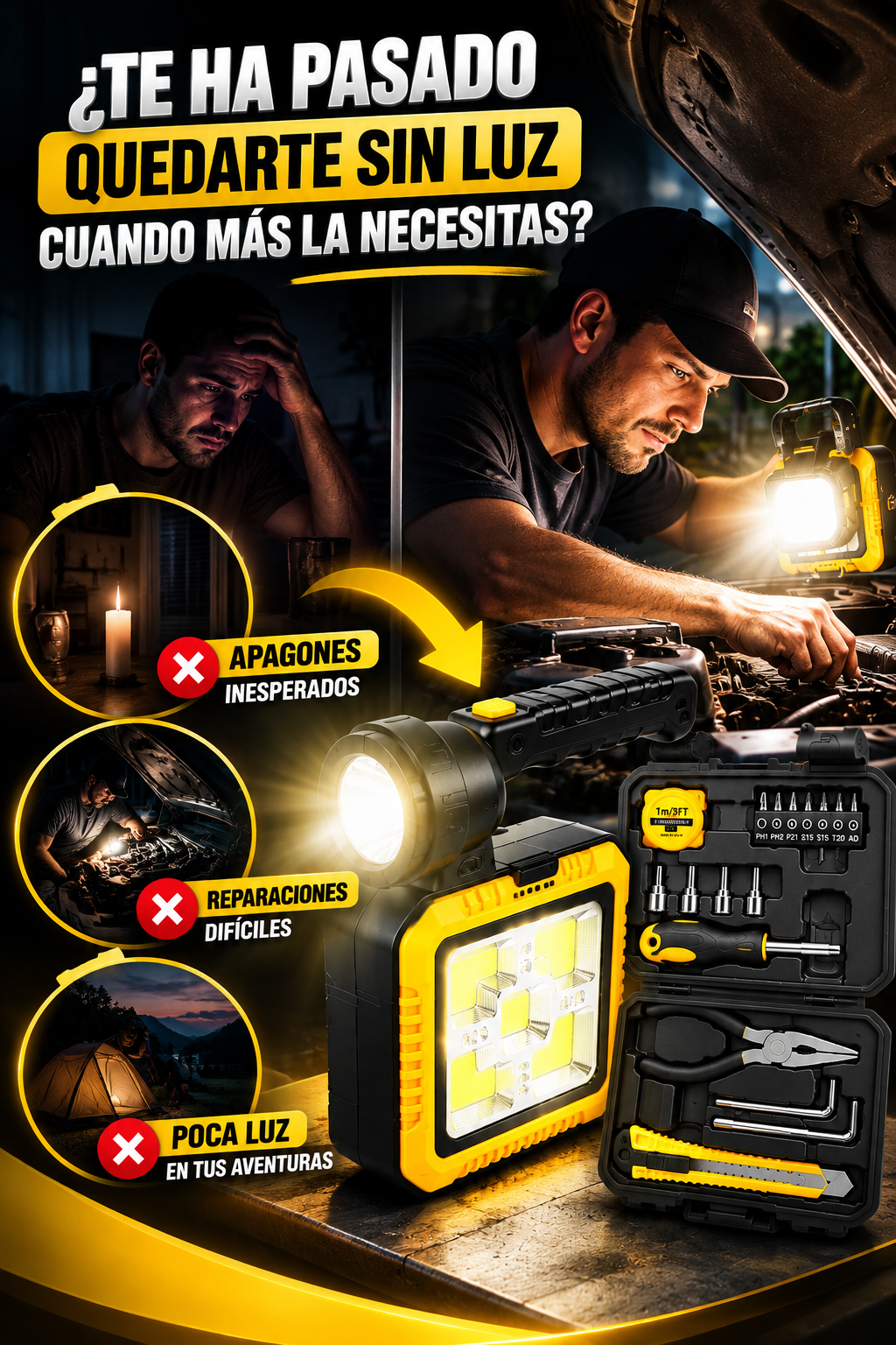 Lampara solar + herramientas ; Energía, iluminación y practicidad donde las necesites.