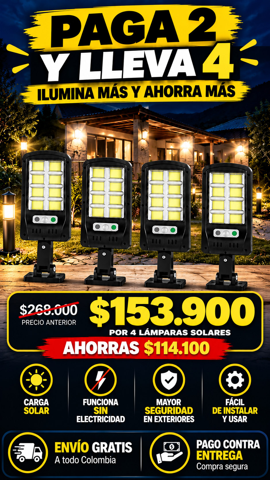 COMBO LAMPARA SOLAR ((PAGA 2 LLEVA 4)). MÁS LUZ, MÁS SEGURIDAD Y MENOS DEPENDENCIA DE LA RED.