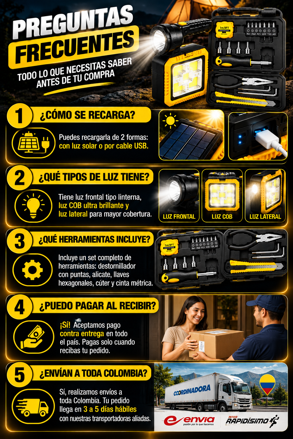 Lampara solar + herramientas ; Energía, iluminación y practicidad donde las necesites.