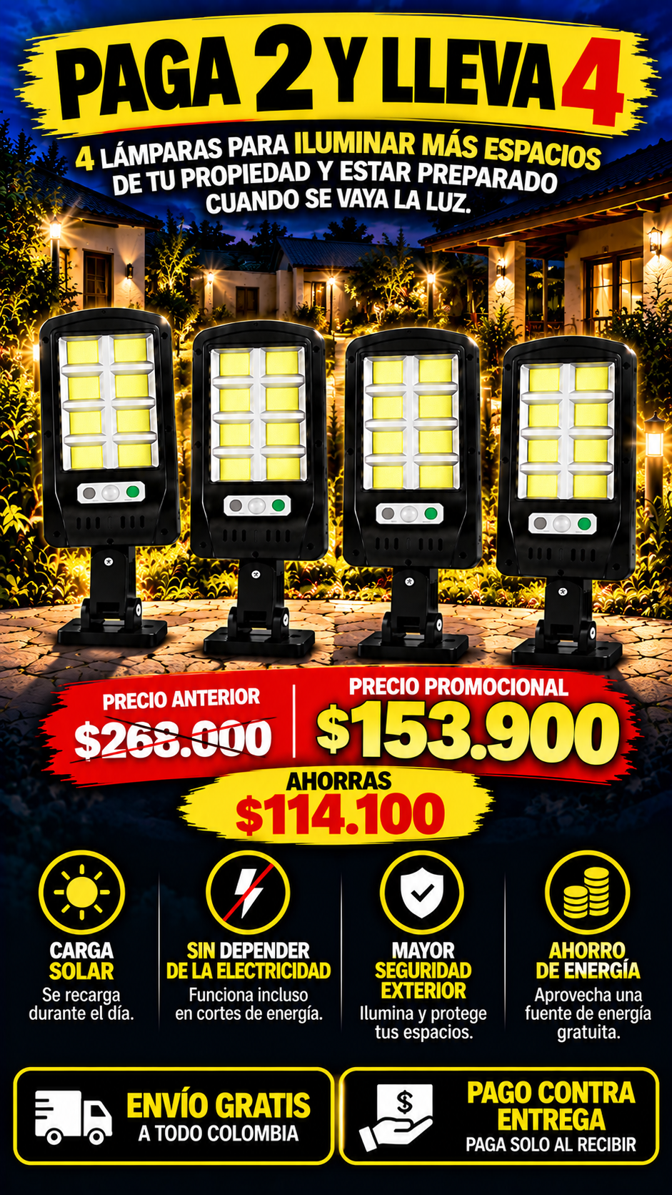 COMBO LAMPARA SOLAR ((PAGA 2 LLEVA 4)). MÁS LUZ, MÁS SEGURIDAD Y MENOS DEPENDENCIA DE LA RED.