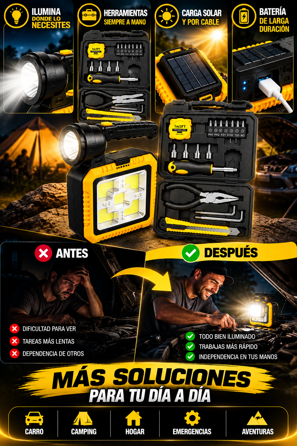 Lampara solar + herramientas ; Energía, iluminación y practicidad donde las necesites.